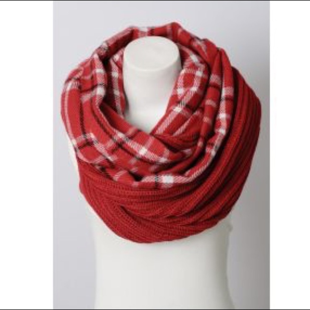Plaid Ribbed Knit Infinity Scarf in Red - Picture 2 of 3